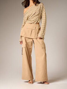Brown Casual Women's Wide Leg Loose Fit Cargo Pants
